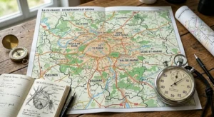 Carte en papier de l'île de France où on voit tous les départements que l'entreprise, les experts des punaises de lit, intervient pour la destruction de l'île de guêpe et lit de frelon. Sur la table, on peut voir un chronomètre indiquant 24 à 48 heures, qui est le temps de l'intervention.En bas à gauche de l'image on peut voir un carnet avec un croquis de nid de frelon et un nid de guêpe.