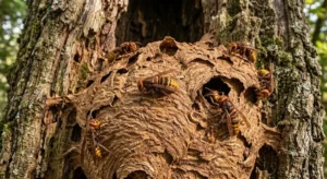 Nid de frelon asiatique adossé à un arbre dans une forêt d'île de France.