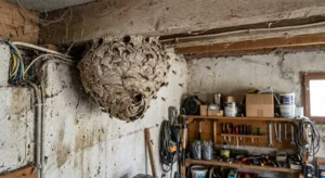 Un nid de guêpe dans un garage d'une maison pavillonnaire en banlieue parisienne.