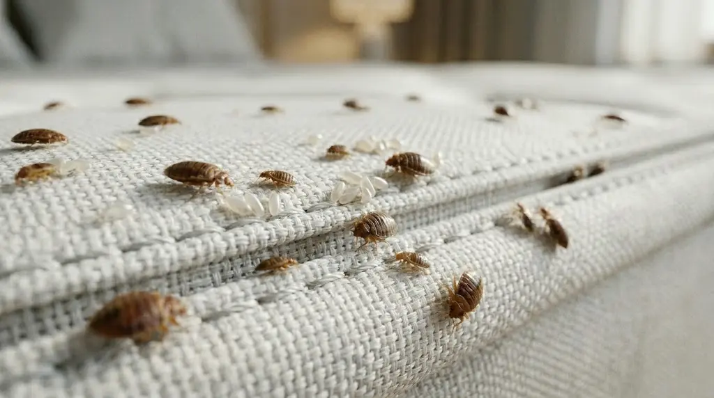 Invasion de Punaises de lit à l'âge adulte qui ont pondu des œufs. sur un matelas neuf