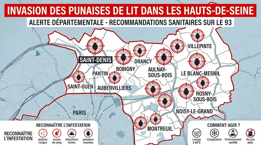 Carte de la Seine-Saint-Denis représentant l'invasion des punaises de lit dans le département.