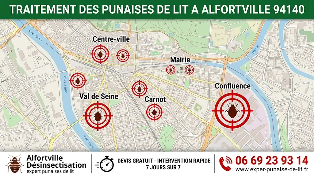 Cette infographie professionnelle présente une carte géographique détaillée d'Alfortville (94140) dédiée à l'intervention de nos services de désinsectisation. Dans la partie supérieure, un bandeau vert foncé affiche en grandes lettres blanches : "TRAITEMENT DES PUNAISES DE LIT A ALFORTVILLE 94140". Au centre, la carte met en évidence les quartiers clés de la ville tels que le Centre-ville, Val de Seine, Carnot, Mairie et Confluence. Chaque quartier est ciblé par un pictogramme représentant une punaise de lit enfermée au milieu d'une mire de tir rouge, symbolisant la précision de notre action d'éradication. Dans la partie basse, un bandeau de contact sur fond blanc se divise en trois parties distinctes : à gauche, une icône d'insecte avec la mention "Alfortville Désinsectisation - expert punaises de lit" ; au centre, l'icône d'un chronomètre accompagnée de l'engagement "DEVIS GRATUIT - INTERVENTION RAPIDE 7 JOURS SUR 7" ; à droite, un téléphone rouge mettant en évidence notre numéro d'urgence 06 69 23 93 14 et le site internet www.exper-punaise-de-lit.fr. L'image inspire confiance et professionnalisme.