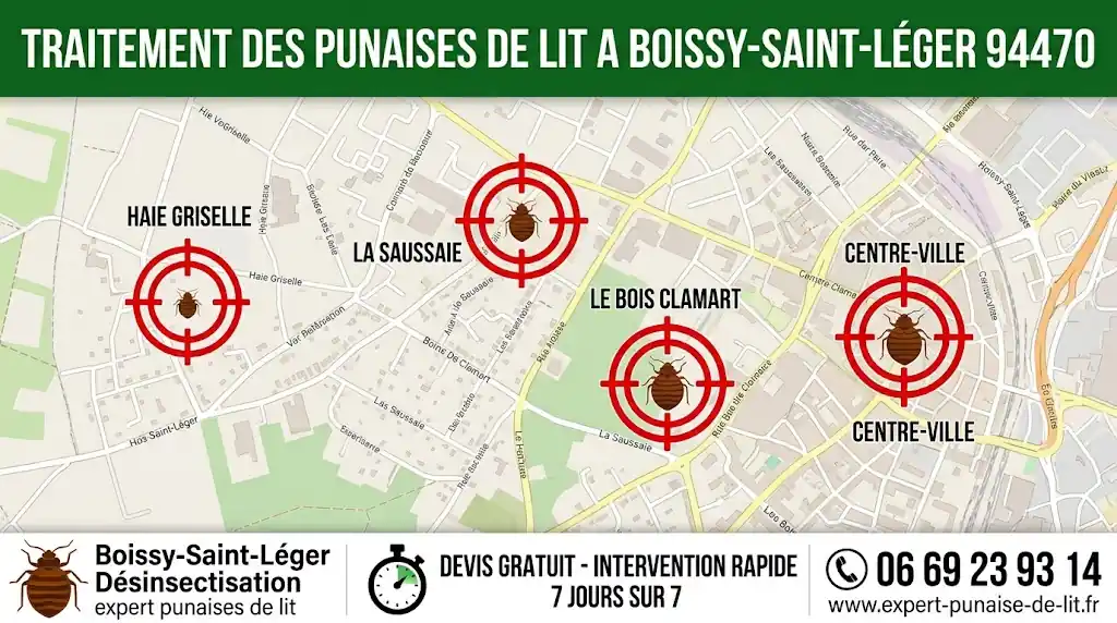 Infographie professionnelle rectangulaire au format 16:9, spécialement conçue pour optimiser le référencement local des services de désinsectisation. Dans la zone supérieure, un imposant bandeau horizontal vert foncé sert de fond au titre en grandes lettres majuscules blanches : "TRAITEMENT DES PUNAISES DE LIT A BOISSY-SAINT-LÉGER 94470". Le centre de l'illustration dévoile une carte géographique fidèle et détaillée de la commune de Boissy-Saint-Léger (Val-de-Marne). Les tracés routiers y sont lisibles, tout comme les noms exacts des quartiers majeurs : Haie Griselle, La Saussaie, Le Bois Clamart, et Centre-Ville. Superposés sur ces secteurs géographiques, des réticules de visée (cibles) encadrent des pictogrammes représentant des punaises de lit de dimensions variées, symbolisant l'intervention ciblée des exterminateurs. Dans le tiers inférieur, un bandeau horizontal blanc et épuré rassemble les arguments commerciaux en trois colonnes. À gauche, une icône de punaise de lit est couplée au texte "Boissy-Saint-Léger Désinsectisation", souligné par la mention discrète "expert punaises de lit". Au centre, un pictogramme de chronomètre accompagne l'accroche en lettres capitales : "DEVIS GRATUIT - INTERVENTION RAPIDE 7 JOURS SUR 7". Enfin, à droite, une icône de combiné téléphonique stylisée est affichée juste au-dessus du numéro direct "06 69 23 93 14", lui-même surmontant l'adresse du site internet officiel "www.expert-punaise-de-lit.fr", respectant parfaitement l'orthographe du domaine sans le "s" à punaise. L'ensemble visuel est rassurant et hautement orienté vers la conversion locale.