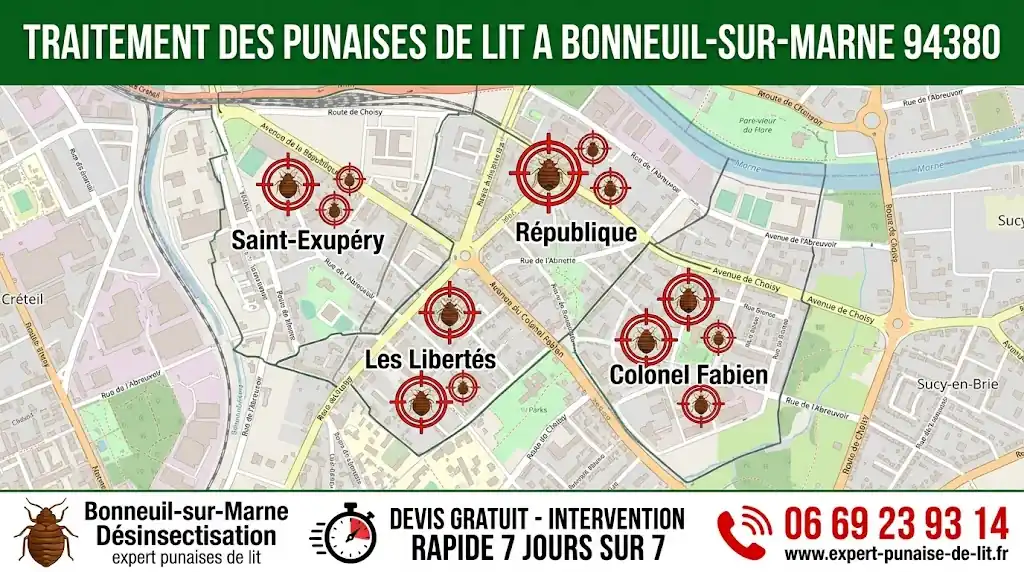 Infographie professionnelle rectangulaire au format 16:9, spécialement élaborée pour illustrer les services de désinsectisation locaux. Dans la partie supérieure, un large bandeau horizontal vert foncé met en évidence le titre en grandes lettres majuscules blanches : "TRAITEMENT DES PUNAISES DE LIT A BONNEUIL-SUR-MARNE 94380". Le cœur de l'image présente une carte géographique précise et détaillée de la commune de Bonneuil-sur-Marne (Val-de-Marne), avec la trame des rues visible et les noms exacts de ses quartiers phares : Saint-Exupéry, République, Les Libertés, et Colonel Fabien. Au-dessus de ces quartiers spécifiques, des réticules de visée (cibles) encadrent des pictogrammes représentant des punaises de lit de dimensions variées, symbolisant l'éradication stratégique des nids par les professionnels. En bas de l'illustration, un bandeau horizontal blanc, clair et structuré, est scindé en trois blocs d'informations clés. À gauche, une icône de punaise de lit est flanquée de l'inscription "Bonneuil-sur-Marne Désinsectisation", soulignée de la mention "expert punaises de lit" en plus petits caractères. Au centre, un pictogramme de chronomètre devance la mention commerciale en lettres capitales : "DEVIS GRATUIT - INTERVENTION RAPIDE 7 JOURS SUR 7". Enfin, le tiers droit arbore une icône de combiné téléphonique stylisée en train de sonner, placée juste au-dessus du numéro "06 69 23 93 14", lui-même surmontant l'adresse web officielle "www.expert-punaise-de-lit.fr" correctement orthographiée au singulier. L'ensemble visuel respecte la charte graphique demandée, est rassurant, clair et hautement optimisé pour l'implantation locale.