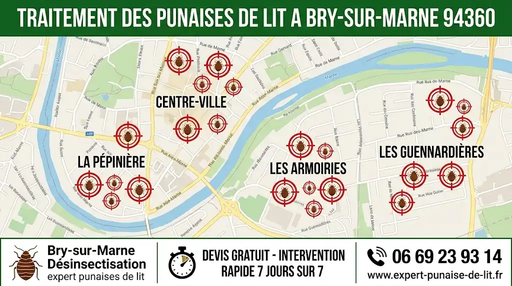 Infographie professionnelle rectangulaire au format 16:9, spécialement conçue pour optimiser le référencement local des services de désinsectisation. Dans la zone supérieure, un imposant bandeau horizontal vert foncé sert de fond au titre en grandes lettres majuscules blanches : "TRAITEMENT DES PUNAISES DE LIT A BRY-SUR-MARNE 94360". Le centre de l'illustration dévoile une carte géographique fidèle et détaillée de la commune de Bry-sur-Marne (Val-de-Marne). Les tracés routiers y sont lisibles, tout comme les noms exacts des quartiers majeurs : Centre-Ville, La Pépinière, Les Armoiries, et Les Guennardières. Superposés sur ces secteurs géographiques, des réticules de visée (cibles) encadrent des pictogrammes représentant des punaises de lit de dimensions variées, symbolisant l'intervention ciblée des exterminateurs. Dans le tiers inférieur, un bandeau horizontal blanc et épuré rassemble les arguments commerciaux en trois colonnes. À gauche, une icône de punaise de lit est couplée au texte "Bry-sur-Marne Désinsectisation", souligné par la mention discrète "expert punaises de lit". Au centre, un pictogramme de chronomètre accompagne l'accroche en lettres capitales : "DEVIS GRATUIT - INTERVENTION RAPIDE 7 JOURS SUR 7". Enfin, à droite, une icône de combiné téléphonique stylisée est affichée juste au-dessus du numéro direct "06 69 23 93 14", lui-même surmontant l'adresse du site internet officiel "www.expert-punaise-de-lit.fr", respectant parfaitement l'orthographe du domaine. L'ensemble visuel est structuré, rassurant et hautement orienté vers la conversion locale.