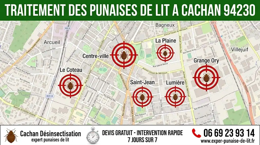 Cette infographie hautement professionnelle présente une carte géographique détaillée de Cachan (94230) spécialement conçue pour nos services de désinsectisation. Dans la partie supérieure, un large bandeau vert foncé affiche en grandes lettres blanches : "TRAITEMENT DES PUNAISES DE LIT A CACHAN 94230". Au centre, la cartographie met en évidence les quartiers principaux de la ville, tels que le Centre-ville, Le Coteau, La Plaine, Grange Ory, Saint-Jean et Lumière. Chaque quartier est ciblé par un pictogramme illustrant une punaise de lit emprisonnée au milieu d'une mire de tir rouge, symbolisant la précision de notre action d'éradication de ces nuisibles sur tout le territoire. Dans la zone inférieure de l'image, un bandeau de contact sur fond blanc se divise en trois parties distinctes : à gauche, l'icône d'un insecte accompagnée de la mention "Cachan Désinsectisation - expert punaises de lit" ; au centre, l'icône d'un chronomètre soutenue par notre promesse "DEVIS GRATUIT - INTERVENTION RAPIDE 7 JOURS SUR 7" ; à droite, un téléphone rouge bien visible exposant notre numéro direct 06 69 23 93 14 ainsi que notre site web www.exper-punaise-de-lit.fr. L'ensemble visuel dégage un fort sentiment d'expertise, de réactivité et de sérieux professionnel.