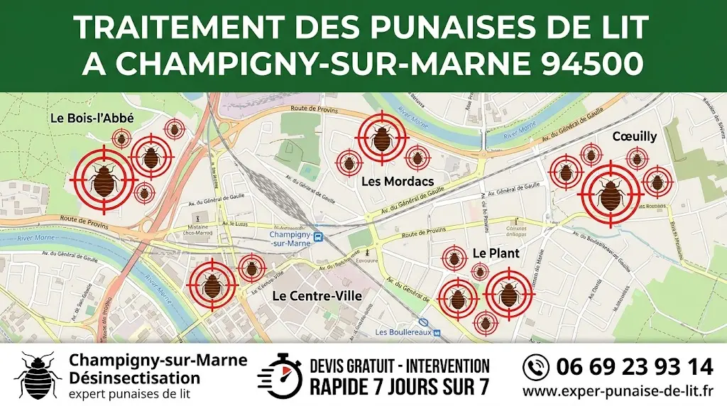 Carte détaillée de Champigny-sur-Marne ciblant les quartiers pour notre service de désinsectisation. En haut, bandeau vert indiquant TRAITEMENT DES PUNAISES DE LIT A CHAMPIGNY-SUR-MARNE 94500. En bas, informations de contact avec le numéro 06 69 23 93 14, le site www.exper-punaise-de-lit.fr, et la mention devis gratuit avec intervention rapide 7j/7.