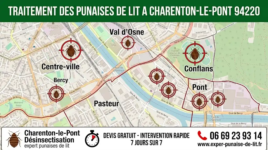 Carte détaillée de Charenton-le-Pont 94 illustrant l'intervention ciblée contre les punaises de lit dans chaque quartier avec des cibles de tir. Bandeau d'en-tête vert foncé pour le traitement des punaises de lit, et bandeau inférieur indiquant une désinsectisation experte, un devis gratuit, une intervention rapide 7j/7, le numéro de contact 06 69 23 93 14 et l'URL du site web.