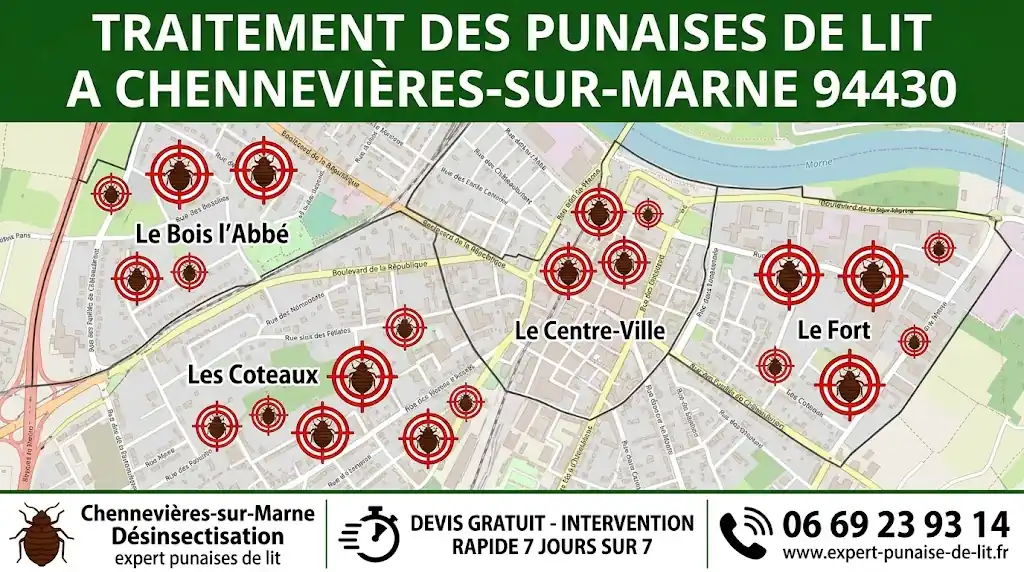 Infographie professionnelle rectangulaire au format 16:9, spécialement conçue pour optimiser le référencement local des services de désinsectisation. Dans la zone supérieure, un imposant bandeau horizontal vert foncé sert de fond au titre en grandes lettres majuscules blanches : "TRAITEMENT DES PUNAISES DE LIT A CHENNEVIÈRES-SUR-MARNE 94430". Le centre de l'illustration dévoile une carte géographique fidèle et détaillée de la commune de Chennevières-sur-Marne (Val-de-Marne). Les tracés routiers y sont lisibles, tout comme les noms exacts des quartiers majeurs : Le Bois l'Abbé, Les Coteaux, Le Centre-Ville, et Le Fort. Superposés sur ces secteurs géographiques, des réticules de visée (cibles) encadrent des pictogrammes représentant des punaises de lit de dimensions variées, symbolisant l'intervention ciblée des exterminateurs. Dans le tiers inférieur, un bandeau horizontal blanc et épuré rassemble les arguments commerciaux en trois colonnes. À gauche, une icône de punaise de lit est couplée au texte "Chennevières-sur-Marne Désinsectisation", souligné par la mention discrète "expert punaises de lit". Au centre, un pictogramme de chronomètre accompagne l'accroche en lettres capitales : "DEVIS GRATUIT - INTERVENTION RAPIDE 7 JOURS SUR 7". Enfin, à droite, une icône de combiné téléphonique stylisée est affichée juste au-dessus du numéro direct "06 69 23 93 14", lui-même surmontant l'adresse du site internet officiel "www.expert-punaise-de-lit.fr", respectant parfaitement l'orthographe du domaine sans le "s" à punaise. L'ensemble visuel est rassurant et hautement orienté vers la conversion locale.