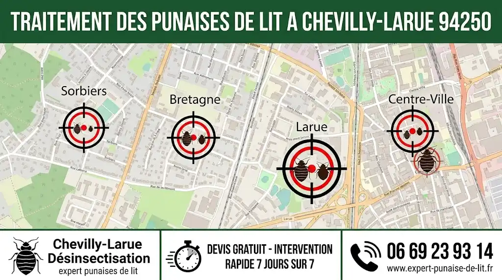 Infographie professionnelle au format 16:9 structurée pour les services d'éradication de nuisibles. Sur la partie supérieure, un large bandeau horizontal vert foncé met en évidence le texte en majuscules blanches : "TRAITEMENT DES PUNAISES DE LIT A CHEVILLY-LARUE 94250". Au centre de la composition, une carte géographique détaillée illustre la commune de Chevilly-Larue (Val-de-Marne). Les tracés des rues sont nets et les noms des quartiers emblématiques sont lisibles : Sorbiers, Bretagne, Larue, et Centre-Ville. Sur chacun de ces secteurs géographiques, des pictogrammes en forme de cibles de visée encadrent des punaises de lit de tailles diverses, symbolisant l'action précise de ciblage et d'éradication. En bas, un bandeau blanc horizontal est segmenté en trois espaces d'information. À l'extrémité gauche se trouve une icône de punaise de lit surmontant le texte "Chevilly-Larue Désinsectisation" et la mention plus petite "expert punaises de lit". Au centre, une icône de chronomètre précède la phrase d'accroche commerciale en lettres capitales : "DEVIS GRATUIT - INTERVENTION RAPIDE 7 JOURS SUR 7". À l'extrémité droite, un pictogramme en forme de téléphone vibrant accompagne le numéro d'urgence "06 69 23 93 14", avec l'adresse du site web "www.expert-punaise-de-lit.fr" inscrite juste en dessous. La charte graphique globale est cohérente, rassurante et optimisée pour la conversion locale.