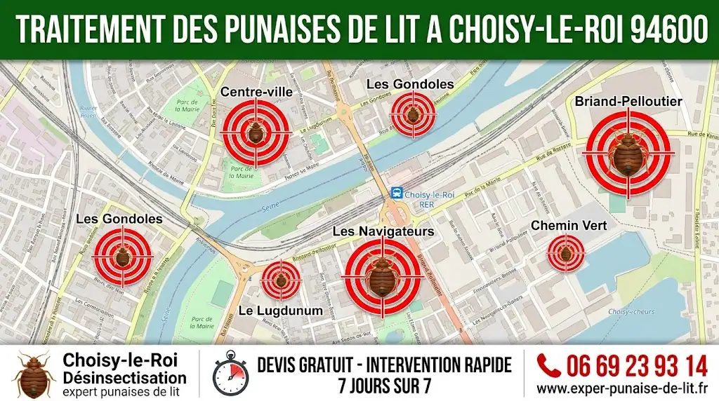 Cette infographie professionnelle illustre une carte géographique détaillée de Choisy-le-Roi (94600) dédiée à l'intervention de désinsectisation. Dans la partie supérieure, un bandeau vert foncé affiche en grandes lettres blanches : "TRAITEMENT DES PUNAISES DE LIT A CHOISY-LE-ROI 94600". Au centre, la carte met en évidence les quartiers clés de la ville (Centre-ville, Les Gondoles, Le Lugdunum, Les Navigateurs, Chemin Vert, Briand-Pelloutier). Chaque quartier est ciblé par un pictogramme représentant une punaise de lit enfermée au milieu d'une mire de tir rouge, symbolisant la précision de l'éradication. Dans la partie basse, un bandeau de contact sur fond blanc se divise en trois parties : à gauche, une icône d'insecte avec la mention "Choisy-le-Roi Désinsectisation - expert punaises de lit" ; au centre, l'icône d'un chronomètre accompagnée de l'engagement "DEVIS GRATUIT - INTERVENTION RAPIDE 7 JOURS SUR 7" ; à droite, un téléphone rouge mettant en évidence le numéro d'urgence 06 69 23 93 14 et le site internet www.exper-punaise-de-lit.fr.