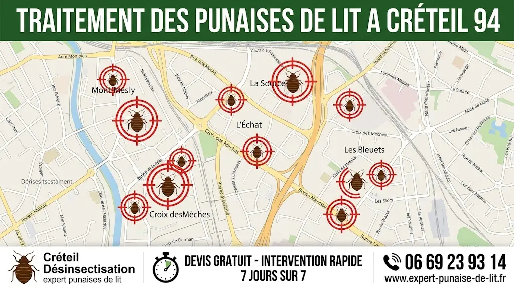 Infographie détaillée présentant les services de désinsectisation avec en en-tête le bandeau vert "TRAITEMENT DES PUNAISES DE LIT A CRÉTEIL 94". Le centre illustre une carte de Créteil affichant ses différents quartiers (Mont-Mesly, La Source, L'Échat, Croix des Mèches, Les Bleuets) sur lesquels sont disposées des cibles de tir rouges contenant des punaises de lit, symbolisant l'éradication ciblée. Le bas de l'image contient un bandeau blanc informatif divisé en trois parties : à gauche le logo d'expert punaises de lit pour la désinsectisation à Créteil, au centre un chronomètre indiquant des devis gratuits et des interventions rapides 7j/7, et à droite un téléphone affichant le numéro de contact 06 69 23 93 14 ainsi que le site web www.expert-punaise-de-lit.fr.