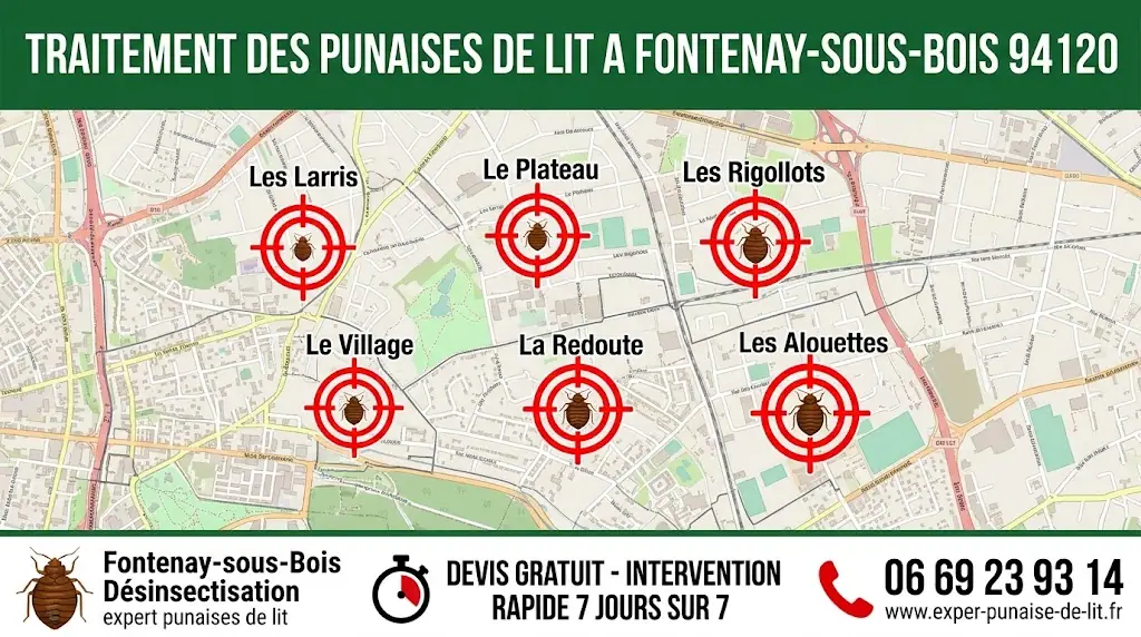Carte détaillée des quartiers de Fontenay-sous-Bois ciblés par nos experts pour l'éradication. En haut, un large bandeau vert indique TRAITEMENT DES PUNAISES DE LIT A FONTENAY-SOUS-BOIS 94120. En bas, un bandeau blanc de contact affiche le numéro 06 69 23 93 14, le site www.exper-punaise-de-lit.fr, et garantit un devis gratuit avec une intervention rapide 7 jours sur 7. L'image illustre notre expertise en désinsectisation locale à Fontenay-sous-Bois.