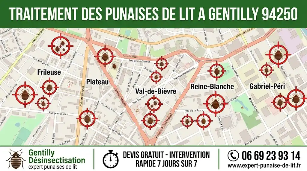 Infographie professionnelle rectangulaire au format 16:9, spécialement élaborée pour illustrer les services de désinsectisation locaux. Dans la partie supérieure, un large bandeau horizontal vert foncé met en évidence le titre en grandes lettres majuscules blanches : "TRAITEMENT DES PUNAISES DE LIT A GENTILLY 94250". Le cœur de l'image présente une carte géographique précise et détaillée de la commune de Gentilly (Val-de-Marne), avec la trame des rues visible et les noms exacts de ses quartiers phares : Frileuse, Plateau, Val-de-Bièvre, Reine-Blanche, et Gabriel-Péri. Au-dessus de ces quartiers spécifiques, des réticules de visée ciblent des pictogrammes représentant des punaises de lit de dimensions variées, symbolisant l'éradication stratégique des nids. En bas de l'illustration, un bandeau horizontal blanc, clair et structuré, est scindé en trois blocs d'informations clés. À gauche, une icône de punaise de lit est flanquée de l'inscription "Gentilly Désinsectisation", soulignée de la mention "expert punaises de lit" en plus petits caractères. Au centre, un pictogramme de chronomètre devance la mention commerciale en lettres capitales : "DEVIS GRATUIT - INTERVENTION RAPIDE 7 JOURS SUR 7". Enfin, le tiers droit arbore une icône de combiné téléphonique stylisée, placée juste au-dessus du numéro "06 69 23 93 14", lui-même surmontant l'adresse web officielle "www.expert-punaise-de-lit.fr" écrite correctement au singulier. L'ensemble visuel est rassurant, clair et hautement optimisé pour l'implantation locale.