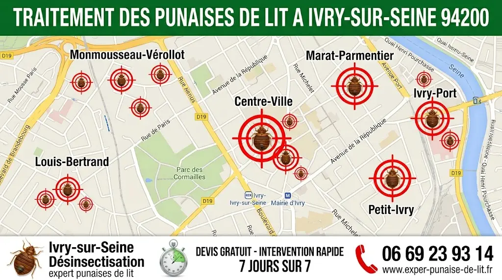 Carte détaillée des quartiers d'Ivry-sur-Seine ciblés par nos experts pour l'éradication. En haut, un large bandeau vert indique TRAITEMENT DES PUNAISES DE LIT A IVRY-SUR-SEINE 94200. En bas, un bandeau blanc de contact affiche le numéro 06 69 23 93 14, le site www.exper-punaise-de-lit.fr, et garantit un devis gratuit avec une intervention rapide 7 jours sur 7. L'image illustre notre expertise en désinsectisation locale.