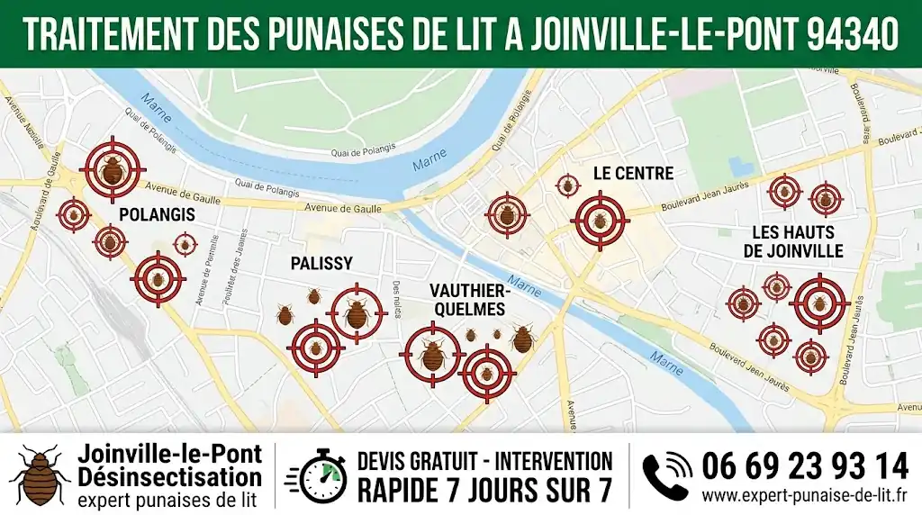Infographie professionnelle rectangulaire au format 16:9, spécialement conçue pour les services locaux d'éradication de nuisibles. Dans la partie haute de l'image, un imposant bandeau horizontal vert foncé sert de fond au titre en lettres majuscules blanches : "TRAITEMENT DES PUNAISES DE LIT A JOINVILLE-LE-PONT 94340". La zone centrale de l'illustration dévoile une carte géographique précise de la commune de Joinville-le-Pont (Val-de-Marne). On y observe les tracés routiers et les noms exacts des quartiers stratégiques de la ville : Polangis, Palissy, Vauthier-Quelmes, Le Centre, et Les Hauts de Joinville. Au cœur de ces secteurs géographiques, plusieurs réticules de visée ciblent des pictogrammes de punaises de lit de tailles variées, illustrant l'action ciblée des exterminateurs. Dans le tiers inférieur, un bandeau blanc horizontal propre et lisible rassemble les informations commerciales en trois colonnes. À gauche, une icône de punaise de lit est couplée au texte bleu "Joinville-le-Pont Désinsectisation", souligné de la mention discrète "expert punaises de lit". Au centre, un pictogramme en forme de chronomètre introduit l'argumentaire commercial en capitales : "DEVIS GRATUIT - INTERVENTION RAPIDE 7 JOURS SUR 7". À droite, une icône de combiné téléphonique stylisée est affichée au-dessus du numéro direct "06 69 23 93 14", lui-même surmontant l'adresse du site internet "www.expert-punaise-de-lit.fr", respectant parfaitement l'orthographe du domaine sans le "s" à punaise.