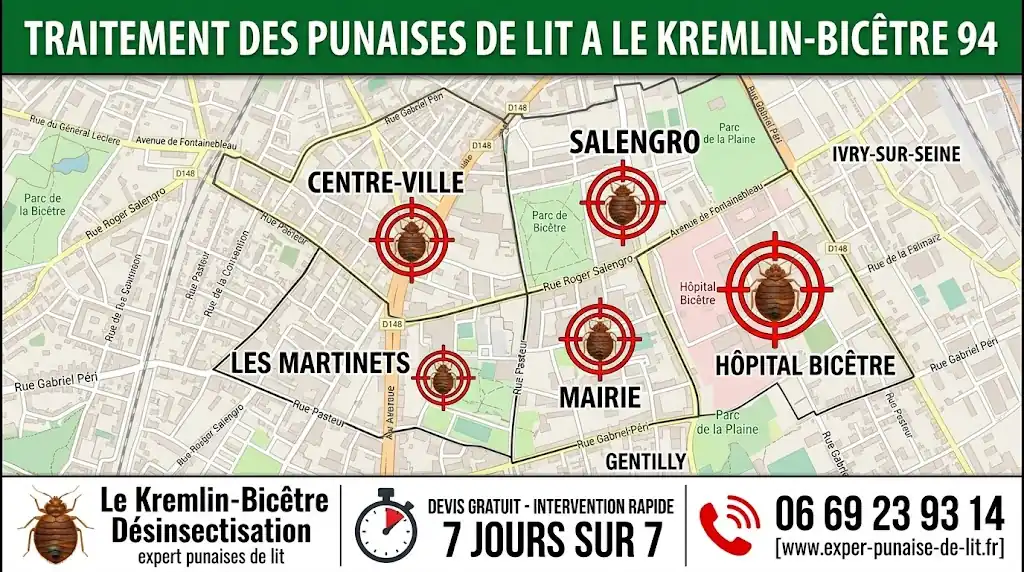 Carte détaillée de Le Kremlin-Bicêtre 94 illustrant les zones d'intervention ciblées contre les punaises de lit. Le bandeau supérieur vert annonce le traitement des punaises de lit. Le bandeau inférieur précise les services de désinsectisation experte, le devis gratuit, l'intervention rapide 7j/7, le numéro de téléphone 06 69 23 93 14 et l'adresse du site internet.