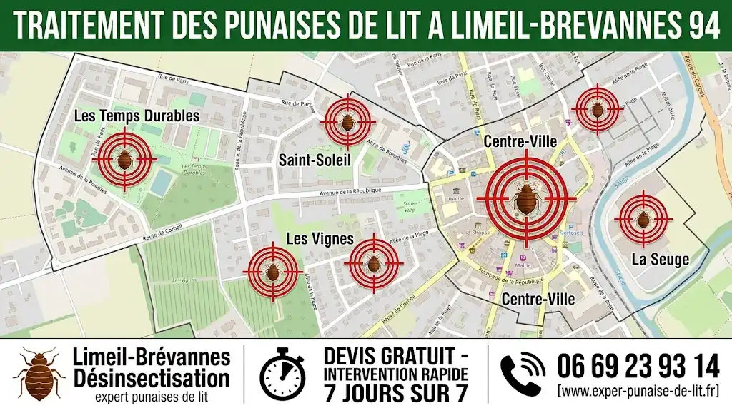 Carte détaillée de Limeil-Brévannes 94 illustrant les zones d'intervention ciblées contre les punaises de lit. Le bandeau supérieur vert annonce le traitement des punaises de lit. Le bandeau inférieur précise les services de désinsectisation experte, le devis gratuit, l'intervention rapide 7j/7, le numéro de téléphone 06 69 23 93 14 et l'adresse du site internet.