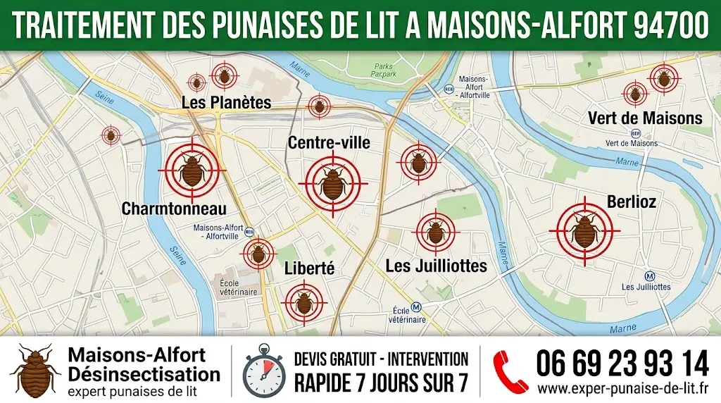 Carte détaillée des quartiers de Maisons-Alfort ciblés par nos experts pour l'éradication. En haut, un large bandeau vert indique TRAITEMENT DES PUNAISES DE LIT A MAISONS-ALFORT 94700. En bas, un bandeau blanc de contact affiche le numéro 06 69 23 93 14, le site www.exper-punaise-de-lit.fr, et garantit un devis gratuit avec une intervention rapide 7 jours sur 7. L'image illustre notre expertise en désinsectisation locale.