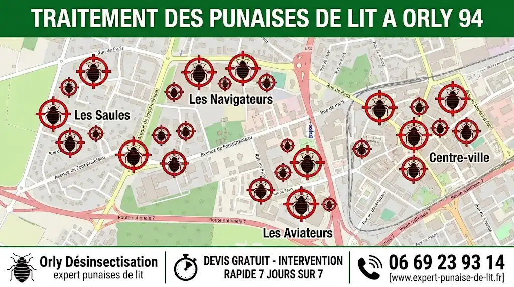 Carte détaillée d'Orly 94 illustrant les zones d'intervention ciblées contre les punaises de lit. Le bandeau supérieur vert annonce le traitement des punaises de lit. Le bandeau inférieur précise les services de désinsectisation experte, le devis gratuit, l'intervention rapide 7j/7, le numéro de téléphone 06 69 23 93 14 et l'adresse du site internet.