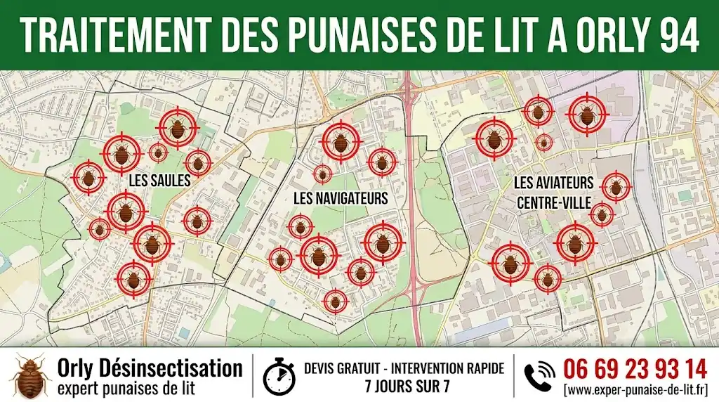 Carte détaillée d'Orly 94 illustrant les zones d'intervention ciblées contre les punaises de lit. Le bandeau supérieur vert annonce le traitement des punaises de lit. Le bandeau inférieur précise les services de désinsectisation experte, le devis gratuit, l'intervention rapide 7j/7, le numéro de téléphone 06 69 23 93 14 et l'adresse du site internet.