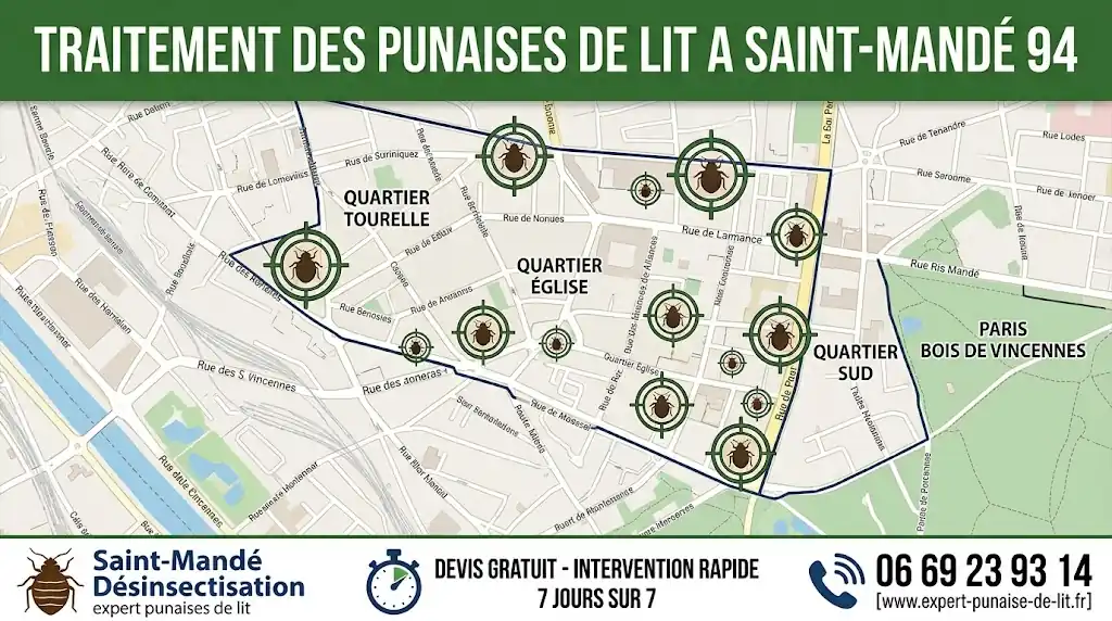 Une infographie professionnelle au format 16:9 conçue pour une entreprise de désinsectisation spécialisée à Saint-Mandé. En haut de l'image, un grand bandeau horizontal vert foncé affiche en lettres majuscules blanches le texte : "TRAITEMENT DES PUNAISES DE LIT A SAINT-MANDÉ 94". La partie principale de l'image montre un plan de rue détaillé de la ville de Saint-Mandé, servant d'arrière-plan. Sur cette carte, les noms des quartiers principaux sont clairement indiqués : "Quartier Tourelle", "Quartier Église", et "Quartier Sud". La limite avec le "PARIS Bois de Vincennes" est également visible. De multiples réticules de visée (cibles) de différentes tailles, contenant chacune un pictogramme de punaise de lit (noire ou rouge), sont positionnés sur les différents quartiers de la carte, symbolisant une infestation sous contrôle ou ciblée. (Remarque : les noms des rues secondaires générés sur la carte ne sont pas lisibles ou précis, mais les noms des quartiers demandés sont présents). En bas de l'image, un bandeau horizontal blanc contient trois sections distinctes séparées par des lignes verticales, de gauche à droite : Section gauche : Un logo stylisé de punaise de lit à côté du texte "Saint-Mandé Désinsectisation" (en bleu et noir) et, en dessous en petit, "expert punaises de lit". Section centrale : Une icône de chronomètre et le texte en majuscules : "DEVIS GRATUIT - INTERVENTION RAPIDE 7 JOURS SUR 7". Section droite : Une icône de combiné téléphonique à côté du numéro "06 69 23 93 14" et, en dessous, l'adresse URL : "[www.expert-punaise-de-lit.fr]".