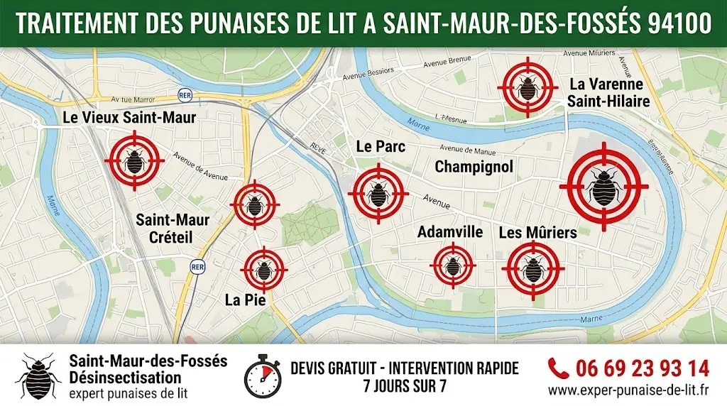 Carte détaillée des quartiers de Saint-Maur-des-Fossés ciblés par nos équipes pour le traitement. Bandeau vert en haut indiquant TRAITEMENT DES PUNAISES DE LIT A SAINT-MAUR-DES-FOSSÉS 94100. En bas, bandeau de contact avec le numéro 06 69 23 93 14, le site www.exper-punaise-de-lit.fr, et la garantie d'un devis gratuit avec intervention rapide 7 jours sur 7. L'image illustre le service de désinsectisation par un expert local.