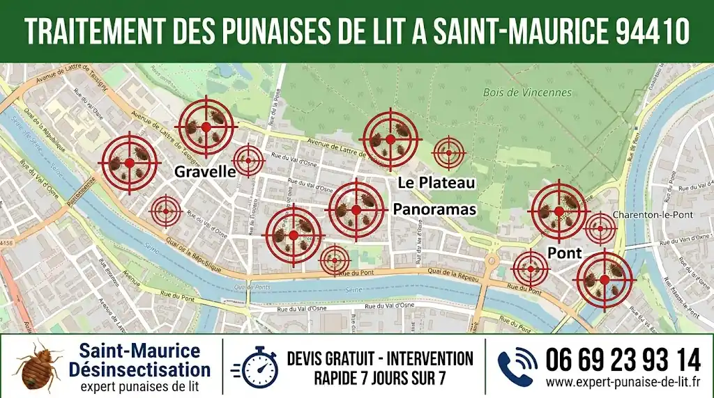 Infographie professionnelle rectangulaire au format 16:9, spécialement conçue pour optimiser le référencement local des services de désinsectisation. Dans la zone supérieure, un imposant bandeau horizontal vert foncé sert de fond au titre en grandes lettres majuscules blanches : "TRAITEMENT DES PUNAISES DE LIT A SAINT-MAURICE 94410". Le centre de l'illustration dévoile une carte géographique fidèle et détaillée de la commune de Saint-Maurice (Val-de-Marne). Les tracés routiers y sont lisibles, tout comme les noms exacts des quartiers majeurs : Gravelle, Le Plateau, Panoramas, et Pont. Superposés sur ces secteurs géographiques, des réticules de visée (cibles) encadrent des pictogrammes représentant des punaises de lit de dimensions variées, symbolisant l'intervention ciblée des exterminateurs. Dans le tiers inférieur, un bandeau horizontal blanc et épuré rassemble les arguments commerciaux en trois colonnes. À gauche, une icône de punaise de lit est couplée au texte "Saint-Maurice Désinsectisation", souligné par la mention discrète "expert punaises de lit". Au centre, un pictogramme de chronomètre accompagne l'accroche en lettres capitales : "DEVIS GRATUIT - INTERVENTION RAPIDE 7 JOURS SUR 7". Enfin, à droite, une icône de combiné téléphonique stylisée est affichée juste au-dessus du numéro direct "06 69 23 93 14", lui-même surmontant l'adresse du site internet officiel "www.expert-punaise-de-lit.fr", respectant parfaitement l'orthographe du domaine sans le "s" à punaise. L'ensemble visuel est rassurant et hautement orienté vers la conversion locale.