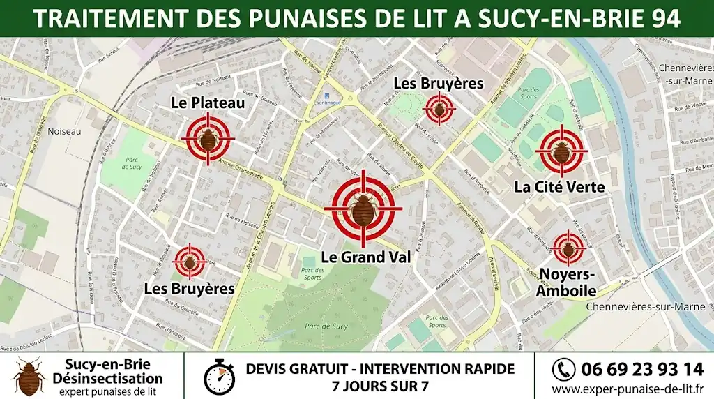 Carte détaillée de Sucy-en-Brie 94 illustrant les zones d'intervention ciblées contre les punaises de lit. Le bandeau supérieur vert annonce le traitement des punaises de lit. Le bandeau inférieur précise les services de désinsectisation experte, le devis gratuit, l'intervention rapide 7j/7, le numéro de téléphone 06 69 23 93 14 et l'adresse du site internet.