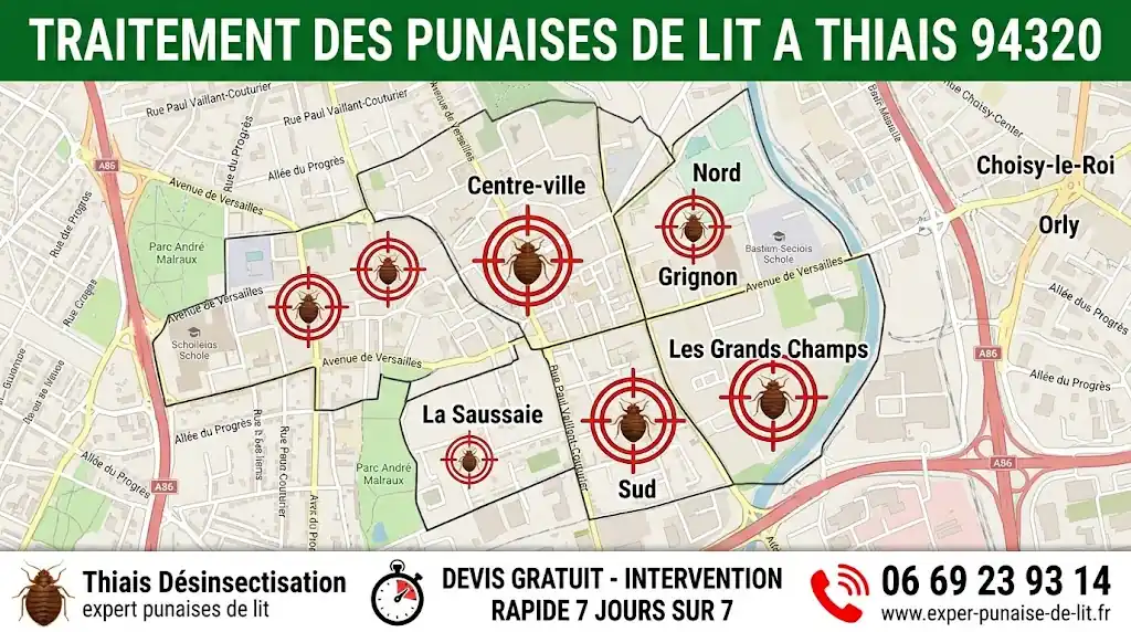 Cette infographie professionnelle présente une carte géographique détaillée de Thiais (94320) dédiée à nos services de désinsectisation. Dans la partie supérieure, un bandeau vert foncé affiche en grandes lettres blanches : "TRAITEMENT DES PUNAISES DE LIT A THIAIS 94320". Au centre, la carte met en évidence les quartiers clés de la ville tels que le Centre-ville, Grignon, Les Grands Champs, La Saussaie, Sud et Nord. Chaque quartier est ciblé par un pictogramme représentant une punaise de lit enfermée au milieu d'une mire de tir rouge, symbolisant la précision de notre action d'éradication locale. Dans la partie basse de l'image, un bandeau de contact sur fond blanc se divise en trois parties distinctes : à gauche, une icône d'insecte avec la mention "Thiais Désinsectisation - expert punaises de lit" ; au centre, l'icône d'un chronomètre accompagnée de l'engagement "DEVIS GRATUIT - INTERVENTION RAPIDE 7 JOURS SUR 7" ; à droite, un téléphone rouge mettant en évidence notre numéro d'urgence 06 69 23 93 14 et notre site internet www.exper-punaise-de-lit.fr. L'image inspire confiance, expertise et professionnalisme.
