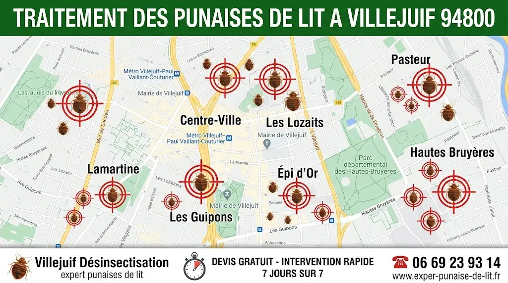 Carte détaillée des quartiers de Villejuif ciblés par nos experts pour l'éradication. En haut, un large bandeau vert indique TRAITEMENT DES PUNAISES DE LIT A VILLEJUIF 94800. En bas, un bandeau blanc de contact affiche le numéro 06 69 23 93 14, le site www.exper-punaise-de-lit.fr, et garantit un devis gratuit avec une intervention rapide 7 jours sur 7. L'image illustre notre expertise en désinsectisation locale à Villejuif.