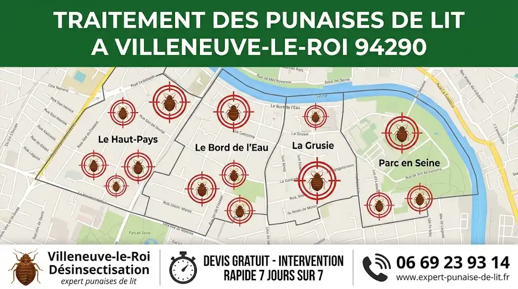 Infographie professionnelle au format 16:9 présentant les services d'éradication de nuisibles. En en-tête, un large bandeau vert foncé affiche en grandes lettres blanches majuscules "TRAITEMENT DES PUNAISES DE LIT A VILLENEUVE-LE-ROI 94290". La zone centrale dévoile une carte géographique détaillée de la commune de Villeneuve-le-Roi (Val-de-Marne). On y distingue clairement le tracé des rues et les noms précis des quartiers locaux : Le Haut-Pays, Le Bord de l'Eau, La Grusie, et Parc en Seine. Superposés sur ces quartiers, plusieurs réticules de visée (cibles) illustrent l'action de ciblage, contenant des pictogrammes de punaises de lit de tailles variées représentant les zones d'intervention. Dans la partie inférieure, un bandeau blanc structure les informations de contact de gauche à droite : à gauche, une icône de punaise de lit accompagne la mention "Villeneuve-le-Roi Désinsectisation" surmontant le sous-titre "expert punaises de lit" ; au centre, une icône de chronomètre précède le slogan en majuscules "DEVIS GRATUIT - INTERVENTION RAPIDE 7 JOURS SUR 7" ; à droite, une icône de combiné téléphonique vibrant est placée à côté du numéro de contact 06 69 23 93 14, avec l'adresse du site web www.expert-punaise-de-lit.fr inscrite juste en dessous.