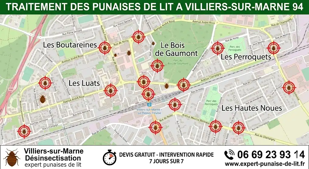 Carte détaillée de Villiers-sur-Marne 94 illustrant les zones d'intervention ciblées contre les punaises de lit. Le bandeau supérieur vert annonce le traitement des punaises de lit. Le bandeau inférieur précise les services de désinsectisation experte, le devis gratuit, l'intervention rapide 7j/7, le numéro de téléphone 06 69 23 93 14 et l'adresse du site internet.