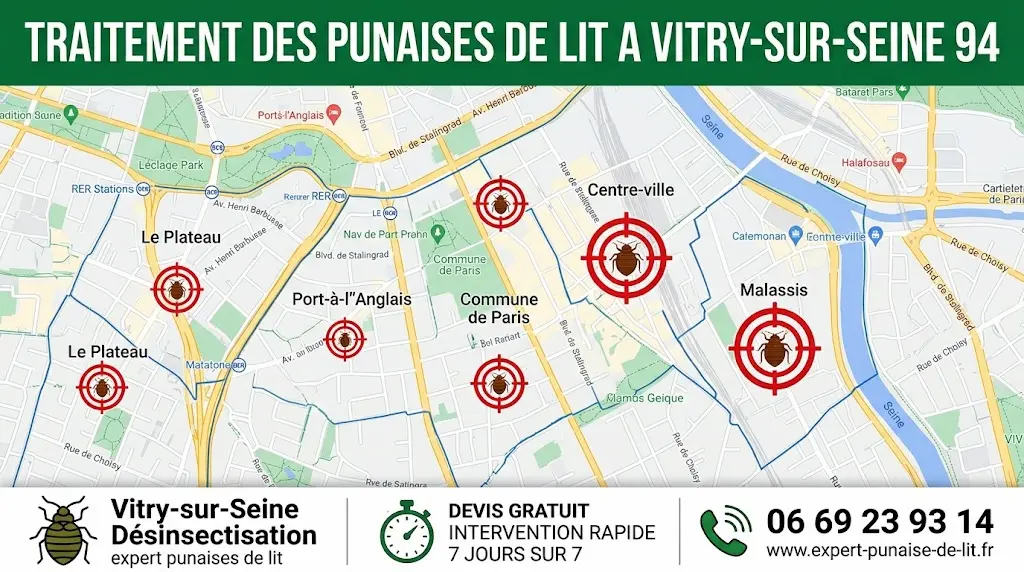 Infographie de service pour le traitement des punaises de lit à Vitry-sur-Seine (94). Le haut de l'image présente un bandeau vert foncé avec le titre "TRAITEMENT DES PUNAISES DE LIT A VITRY-SUR-SEINE 94" en majuscules blanches. Le centre montre une carte géographique précise de la commune de Vitry-sur-Seine avec les noms de rues et les quartiers identifiés : Le Plateau, Port-à-l'Anglais, Centre-ville, Commune de Paris, Malassis. Chaque quartier contient des pictogrammes de punaises de lit ciblés dans des mires rouges, symbolisant les zones d'intervention. En bas, un bandeau blanc présente trois sections : à gauche, le service de désinsectisation expert ; au centre, la mention "DEVIS GRATUIT INTERVENTION RAPIDE 7 JOURS SUR 7" ; à droite, le contact téléphonique 06 69 23 93 14 et l'URL du site expert-punaise-de-lit.fr.