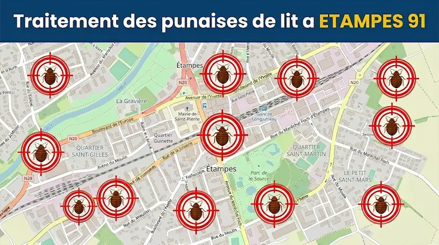 Carte d'Étampes (91) illustrant les zones d'intervention ciblées par nos experts pour le traitement et l'éradication des punaises de lit.