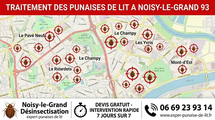 Affiche publicitaire rectangulaire au format 16/9 pour des services professionnels d'éradication de nuisibles. En haut, un grand bandeau rouge affiche le texte en majuscules blanches "TRAITEMENT DES PUNAISES DE LIT A NOISY-LE-GRAND 93". Au centre, une carte détaillée de la commune de Noisy-le-Grand met en évidence les quartiers clés : Le Pavé Neuf, Les Richardets, Le Champy, Les Yvris, La Varenne et Mont-d'Est. Chaque quartier est marqué par une cible rouge contenant un pictogramme de punaise de lit. En bas, un large bandeau blanc est divisé en trois sections : à gauche, un logo de punaise de lit accompagné des textes "Noisy-le-Grand Désinsectisation" et "expert punaises de lit" ; au centre, une icône de chronomètre avec la mention "DEVIS GRATUIT - INTERVENTION RAPIDE 7 JOURS SUR 7" ; à droite, une icône de téléphone surplombant le numéro 06 69 23 93 14 et l'URL www.exper-punaise-de-lit.fr.