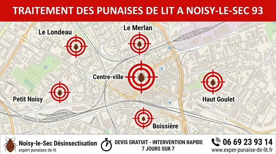 Affiche publicitaire rectangulaire au format 16/9 pour des services professionnels d'éradication de nuisibles. En haut, un grand bandeau rouge affiche le texte en majuscules blanches "TRAITEMENT DES PUNAISES DE LIT A NOISY-LE-SEC 93". Au centre, une carte détaillée de la commune de Noisy-le-Sec met en évidence les quartiers clés : Le Londeau, Le Merlan, Centre-ville, Haut Goulet, Boissière et Petit Noisy. Chaque quartier est marqué par une cible rouge contenant un pictogramme de punaise de lit. En bas, un large bandeau blanc est divisé en trois sections : à gauche, un logo de punaise de lit accompagné des textes "Noisy-le-Sec Désinsectisation" et "expert punaises de lit" ; au centre, une icône de chronomètre avec la mention "DEVIS GRATUIT - INTERVENTION RAPIDE 7 JOURS SUR 7" ; à droite, une icône de téléphone surplombant le numéro 06 69 23 93 14 et l'URL www.exper-punaise-de-lit.fr.