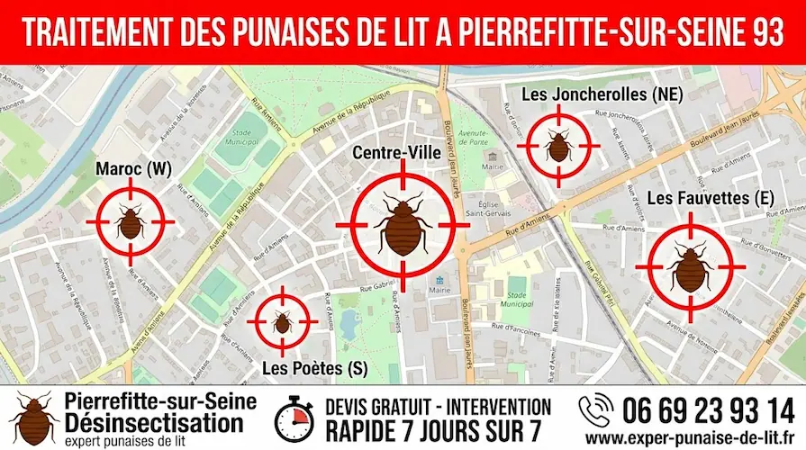 Affiche publicitaire rectangulaire au format 16/9 pour des services professionnels d'éradication de nuisibles. En haut, un grand bandeau rouge affiche le texte en majuscules blanches "TRAITEMENT DES PUNAISES DE LIT A PIERREFITTE-SUR-SEINE 93". Au centre, une carte détaillée de la commune de Pierrefitte-sur-Seine met en évidence les quartiers clés : Centre-Ville, Les Joncherolles, Les Fauvettes, Les Poètes et Maroc. Chaque quartier est marqué par une cible rouge contenant un pictogramme de punaise de lit. En bas, un large bandeau blanc est divisé en trois sections : à gauche, un logo de punaise de lit accompagné des textes "Pierrefitte-sur-Seine Désinsectisation" et "expert punaises de lit" ; au centre, une icône de chronomètre avec la mention "DEVIS GRATUIT - INTERVENTION RAPIDE 7 JOURS SUR 7" ; à droite, une icône de téléphone surplombant le numéro 06 69 23 93 14 et l'URL www.exper-punaise-de-lit.fr.