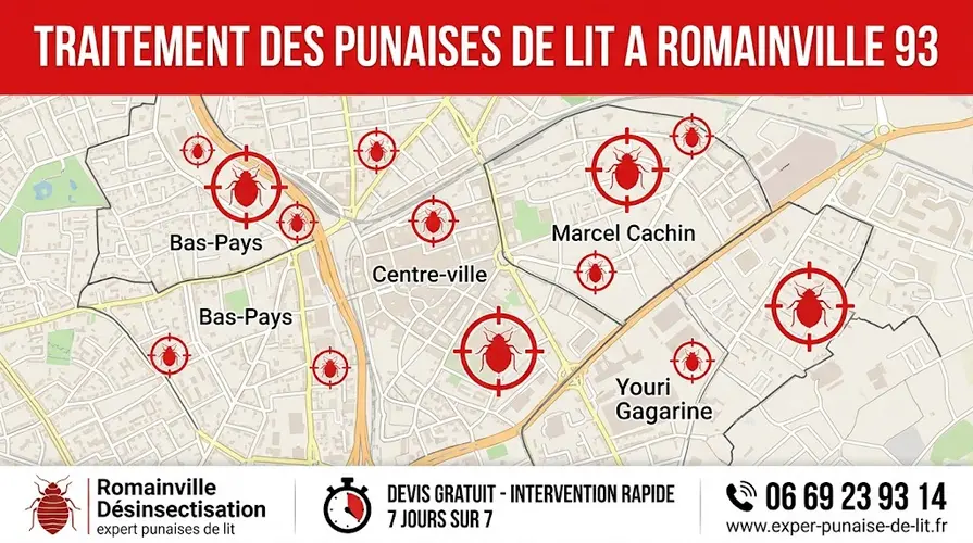 Infographie professionnelle rectangulaire (16/9) pour le traitement des punaises de lit à Romainville (93). Un grand bandeau rouge en haut indique en majuscules blanches : TRAITEMENT DES PUNAISES DE LIT A ROMAINVILLE 93. La section centrale montre une carte détaillée de Romainville avec les noms exacts des rues et des quartiers : Bas-Pays, Centre-ville, Marcel Cachin, Youri Gagarine. Des pictogrammes de punaises de lit de différentes tailles dans des cibles de tir sont présents dans chaque quartier sur la carte. En bas, un bandeau blanc contient trois sections. À gauche, un pictogramme de punaise de lit avec l'inscription "Romainville Désinsectisation", et en petit "expert punaises de lit". Au milieu, un pictogramme de chronomètre avec le texte en majuscules "DEVIS GRATUIT - INTERVENTION RAPIDE 7 JOURS SUR 7". À droite, un pictogramme d'appel téléphonique affichant le numéro "06 69 23 93 14", avec en dessous l'adresse URL [www.exper-punaise-de-lit.fr].