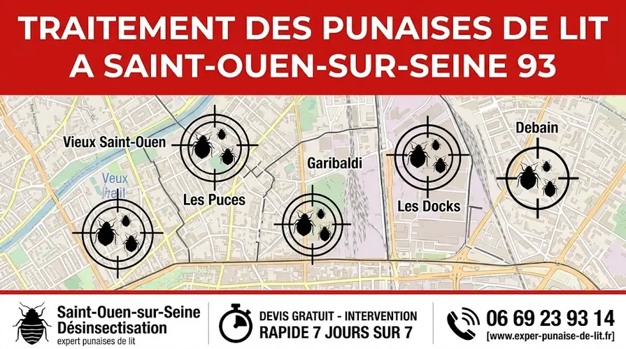 Infographie professionnelle 16/9 sur le traitement des punaises de lit. En haut, un bandeau rouge affiche en majuscules "TRAITEMENT DES PUNAISES DE LIT A SAINT-OUEN-SUR-SEINE 93". Au centre, une carte détaillée de Saint-Ouen-sur-Seine montre les quartiers Vieux Saint-Ouen, Les Puces, Garibaldi, Les Docks et Debain, marqués par des cibles de tir contenant des punaises de lit. En bas, un bandeau blanc est divisé en trois parties : à gauche, un pictogramme de punaise de lit avec "Saint-Ouen-sur-Seine Désinsectisation" et "expert punaises de lit" ; au centre, un chronomètre avec "DEVIS GRATUIT - INTERVENTION RAPIDE 7 JOURS SUR 7" ; à droite, une icône de téléphone avec le numéro 06 69 23 93 14 et l'URL www.exper-punaise-de-lit.fr.