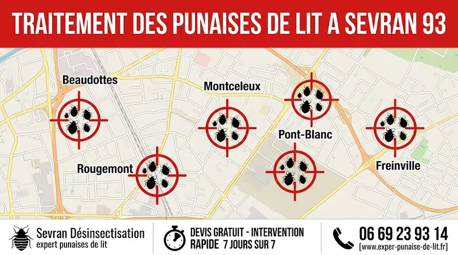 Infographie professionnelle (16/9) pour le traitement des punaises de lit à Sevran. Un bandeau rouge en haut affiche "TRAITEMENT DES PUNAISES DE LIT A SEVRAN 93". La carte centrale montre Sevran avec les quartiers Beaudottes, Montceleux, Pont-Blanc, Rougemont et Freinville, chacun marqué par une cible avec des punaises de lit. Le bandeau blanc inférieur comporte trois sections : à gauche, un pictogramme de punaise de lit avec le texte "Sevran Désinsectisation" et "expert punaises de lit" ; au centre, un chronomètre avec "DEVIS GRATUIT - INTERVENTION RAPIDE 7 JOURS SUR 7" ; à droite, une icône de téléphone avec le numéro 06 69 23 93 14 et l'URL www.exper-punaise-de-lit.fr.