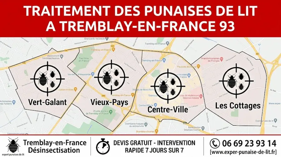 Infographie publicitaire au format 16/9. En haut, un large bandeau rouge affiche le texte en majuscules blanches TRAITEMENT DES PUNAISES DE LIT A TREMBLAY-EN-FRANCE 93. Au centre, une carte détaillée de la ville de Tremblay-en-France présente les quartiers exacts : Vert-Galant, Vieux-Pays, Centre-Ville et Les Cottages. Sur chaque quartier, une cible de tir contient des pictogrammes de punaises de lit de différentes tailles. En bas, un bandeau blanc est divisé en trois parties. À gauche, un pictogramme de punaise de lit avec le texte Tremblay-en-France Désinsectisation et en petit expert punaises de lit. Au milieu, un pictogramme de chronomètre accompagne la mention en majuscules DEVIS GRATUIT - INTERVENTION RAPIDE 7 JOURS SUR 7. À droite, un pictogramme de téléphone affiche le numéro 06 69 23 93 14, situé juste au-dessus de l'URL www.exper-punaise-de-lit.fr.