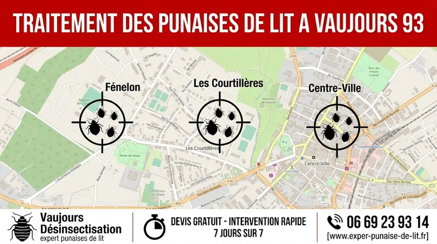 Infographie publicitaire au format 16/9. En haut, un large bandeau rouge affiche le texte en majuscules blanches TRAITEMENT DES PUNAISES DE LIT A VAUJOURS 93. Au centre, une carte détaillée de la ville de Vaujours présente les quartiers exacts : Fénelon, Les Courtillères et Centre-Ville. Sur chaque quartier, une cible de tir contient des pictogrammes de punaises de lit de différentes tailles. En bas, un bandeau blanc est divisé en trois parties. À gauche, un pictogramme de punaise de lit avec le texte Vaujours Désinsectisation et en petit expert punaises de lit. Au milieu, un pictogramme de chronomètre accompagne la mention en majuscules DEVIS GRATUIT - INTERVENTION RAPIDE 7 JOURS SUR 7. À droite, un pictogramme de téléphone affiche le numéro 06 69 23 93 14, situé juste au-dessus de l'URL www.exper-punaise-de-lit.fr.