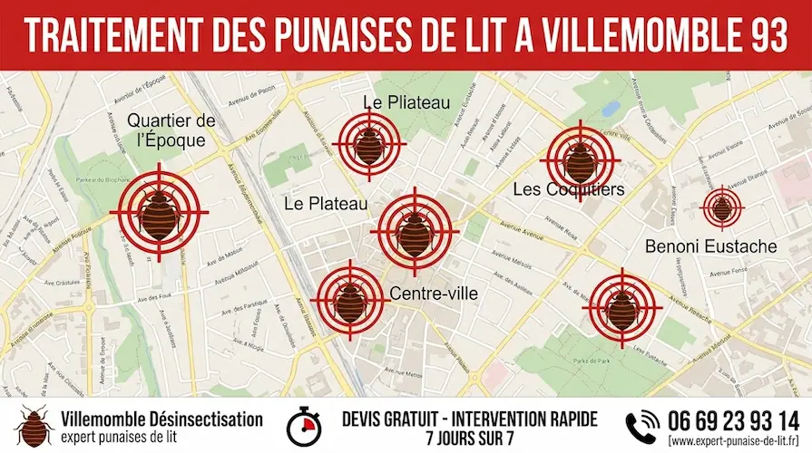 Une infographie professionnelle au format 16/9 intitulée en haut dans un bandeau rouge "TRAITEMENT DES PUNAISES DE LIT A VILLEMOMBLE 93". La partie centrale présente une carte précise de la ville de Villemomble (Seine-Saint-Denis) affichant les noms des rues et des quartiers exacts comme Le Plateau, L'Époque, le Centre-ville ou Les Coquetiers. Sur cette carte, des pictogrammes de punaises de lit de tailles variées sont ciblés par des mires de tir dans chaque quartier, illustrant la détection et l'intervention ciblée de désinsectisation. Le bas de l'image contient un bandeau blanc avec, de gauche à droite : un logo de punaise et le texte "Villemomble Désinsectisation, expert punaises de lit" ; un pictogramme de chronomètre avec "DEVIS GRATUIT - INTERVENTION RAPIDE 7 JOURS SUR 7" ; et un pictogramme de téléphone avec le numéro "06 69 23 93 14" et l'URL "[www.expert-punaise-de-lit.fr]".