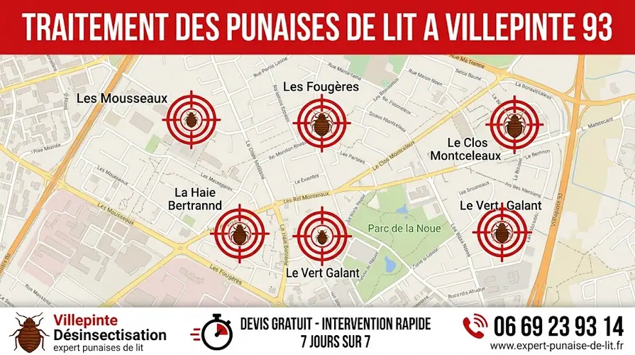 Infographie professionnelle et locale illustrant le traitement de désinsectisation. En haut, un bandeau rouge indique "TRAITEMENT DES PUNAISES DE LIT A VILLEPINTE 93". Au centre, une carte géographique détaillée de la ville de Villepinte (département de la Seine-Saint-Denis) affiche les noms des quartiers tels que Le Vert Galant, Les Mousseaux et le Parc de la Noue. Sur cette carte, des pictogrammes de punaises de lit de tailles variées sont ciblés par des mires de tir, symbolisant les zones d'intervention d'éradication. En bas, un large bandeau blanc présente un logo avec "Villepinte Désinsectisation, expert punaises de lit", un chronomètre soulignant "DEVIS GRATUIT - INTERVENTION RAPIDE 7 JOURS SUR 7", et un téléphone affichant le contact 06 69 23 93 14 ainsi que l'URL www.expert-punaise-de-lit.fr.