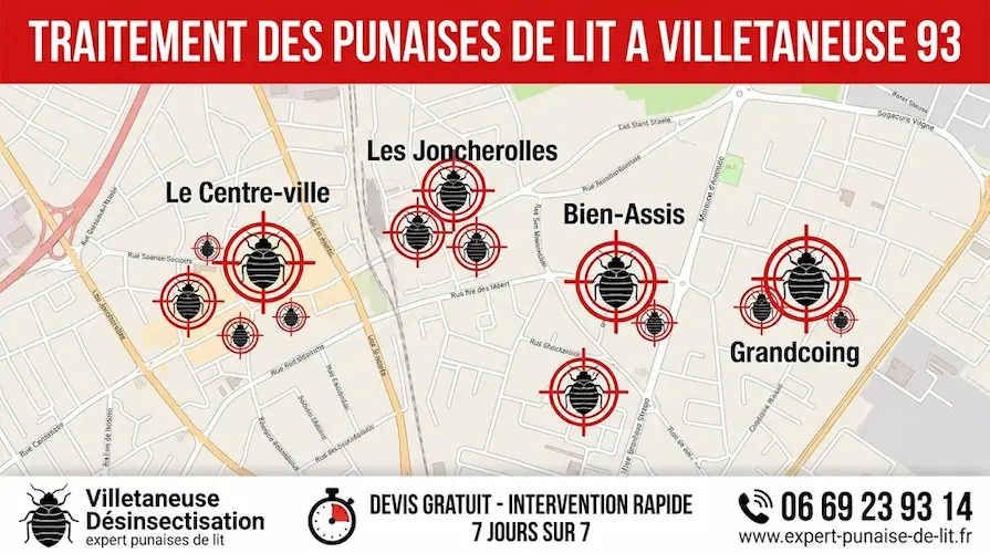 Infographie détaillée sur la désinsectisation. Un bandeau supérieur rouge annonce en majuscules "TRAITEMENT DES PUNAISES DE LIT A VILLETANEUSE 93". La partie centrale expose une carte géographique de Villetaneuse (Seine-Saint-Denis) sur laquelle on distingue nettement les quartiers tels que Les Joncherolles, Bien-Assis et le Centre-ville. Sur cette carte, des icônes de punaises de lit de diverses tailles sont placées au cœur de mires de tir rouges, représentant l'éradication ciblée. Le bandeau blanc en bas affiche trois blocs : à gauche, un logo de punaise de lit avec la mention "Villetaneuse Désinsectisation, expert punaises de lit" ; au centre, un chronomètre signalant "DEVIS GRATUIT - INTERVENTION RAPIDE 7 JOURS SUR 7" ; à droite, une icône téléphonique avec le contact 06 69 23 93 14 et le site internet www.expert-punaise-de-lit.fr.