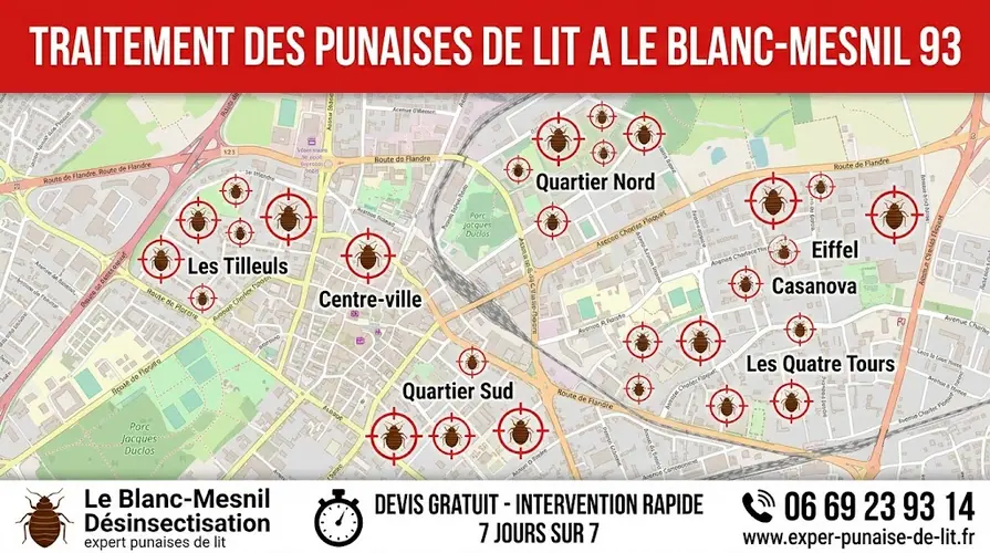 Affiche publicitaire rectangulaire au format 16/9 pour des services professionnels d'éradication de nuisibles. En haut, un grand bandeau rouge affiche le texte en majuscules blanches "TRAITEMENT DES PUNAISES DE LIT A LE BLANC-MESNIL 93". Au centre, une carte détaillée de la commune de Le Blanc-Mesnil met en évidence les quartiers clés : Les Tilleuls, Centre-ville, Quartier Sud, Quartier Nord, Eiffel, Casanova et Les Quatre Tours. Chaque quartier est marqué par une cible rouge contenant un pictogramme de punaise de lit. En bas, un large bandeau blanc est divisé en trois sections : à gauche, un logo de punaise de lit accompagné des textes "Le Blanc-Mesnil Désinsectisation" et "expert punaises de lit" ; au centre, une icône de chronomètre avec la mention "DEVIS GRATUIT - INTERVENTION RAPIDE 7 JOURS SUR 7" ; à droite, une icône de téléphone surplombant le numéro 06 69 23 93 14 et l'URL www.exper-punaise-de-lit.fr.