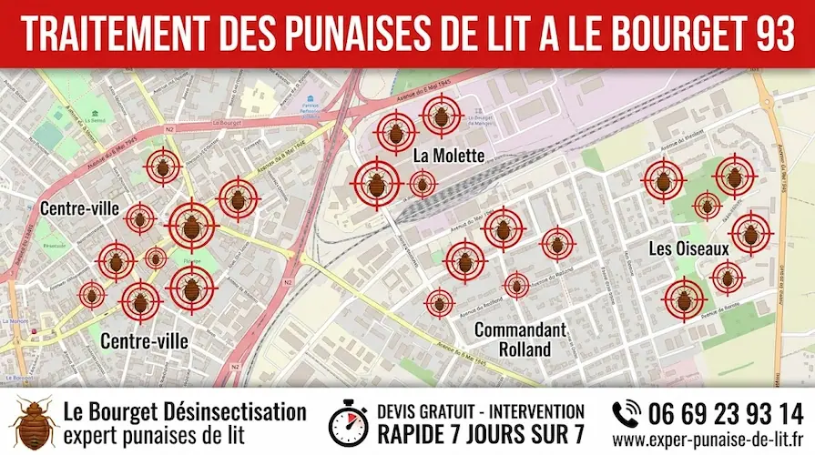 Affiche publicitaire rectangulaire au format 16/9 pour des services professionnels d'éradication de nuisibles. En haut, un grand bandeau rouge affiche le texte en majuscules blanches "TRAITEMENT DES PUNAISES DE LIT A LE BOURGET 93". Au centre, une carte détaillée de la commune de Le Bourget met en évidence les quartiers clés : Centre-ville, La Molette, Commandant Rolland et Les Oiseaux. Chaque quartier est marqué par une cible rouge contenant un pictogramme de punaise de lit. En bas, un large bandeau blanc est divisé en trois sections : à gauche, un logo de punaise de lit accompagné des textes "Le Bourget Désinsectisation" et "expert punaises de lit" ; au centre, une icône de chronomètre avec la mention "DEVIS GRATUIT - INTERVENTION RAPIDE 7 JOURS SUR 7" ; à droite, une icône de téléphone surplombant le numéro 06 69 23 93 14 et l'URL www.exper-punaise-de-lit.fr.