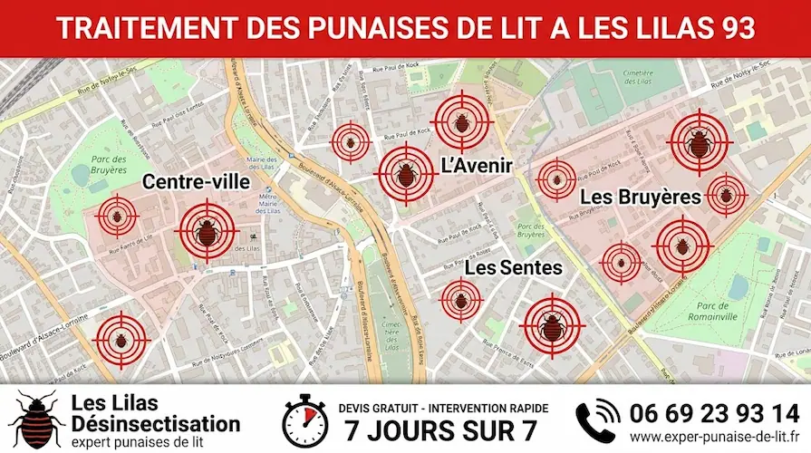 Affiche publicitaire rectangulaire au format 16/9 pour des services professionnels d'éradication de nuisibles. En haut, un grand bandeau rouge affiche le texte en majuscules blanches "TRAITEMENT DES PUNAISES DE LIT A LES LILAS 93". Au centre, une carte détaillée de la commune de Les Lilas met en évidence les quartiers clés : Centre-ville, L'Avenir, Les Sentes et Les Bruyères. Chaque quartier est marqué par une cible rouge contenant un pictogramme de punaise de lit. En bas, un large bandeau blanc est divisé en trois sections : à gauche, un logo de punaise de lit accompagné des textes "Les Lilas Désinsectisation" et "expert punaises de lit" ; au centre, une icône de chronomètre avec la mention "DEVIS GRATUIT - INTERVENTION RAPIDE 7 JOURS SUR 7" ; à droite, une icône de téléphone surplombant le numéro 06 69 23 93 14 et l'URL www.exper-punaise-de-lit.fr.