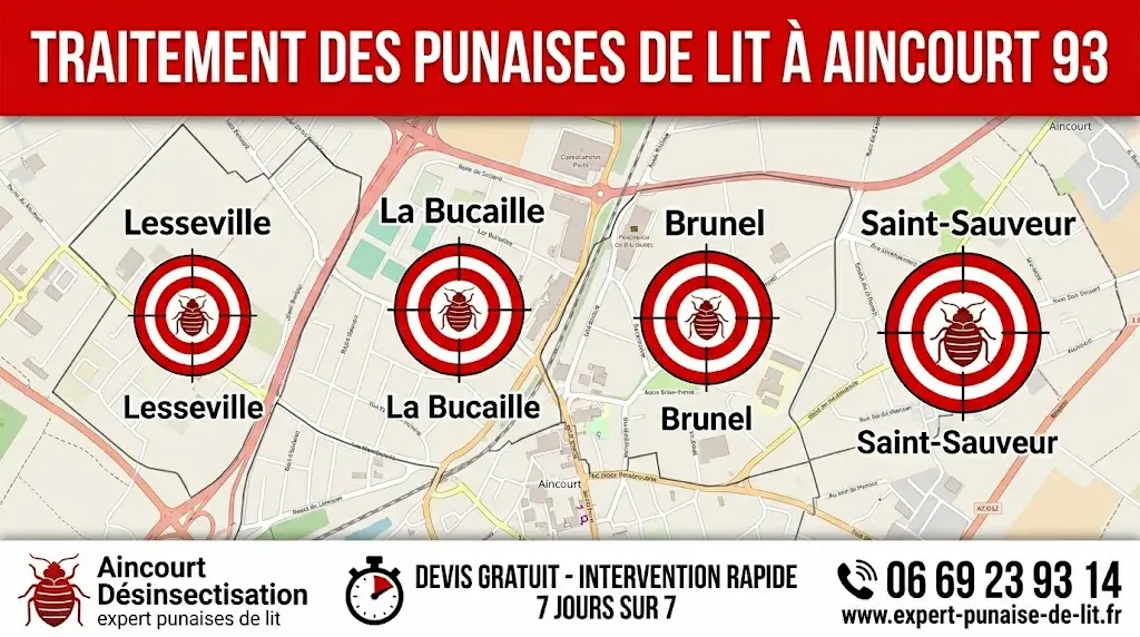 Carte détaillée d'Aincourt 93 affichant les zones d'intervention pour l'éradication des nuisibles, avec le contact de l'expert en désinsectisation, le numéro 06 69 23 93 14 et la garantie d'une intervention rapide 7 jours sur 7.